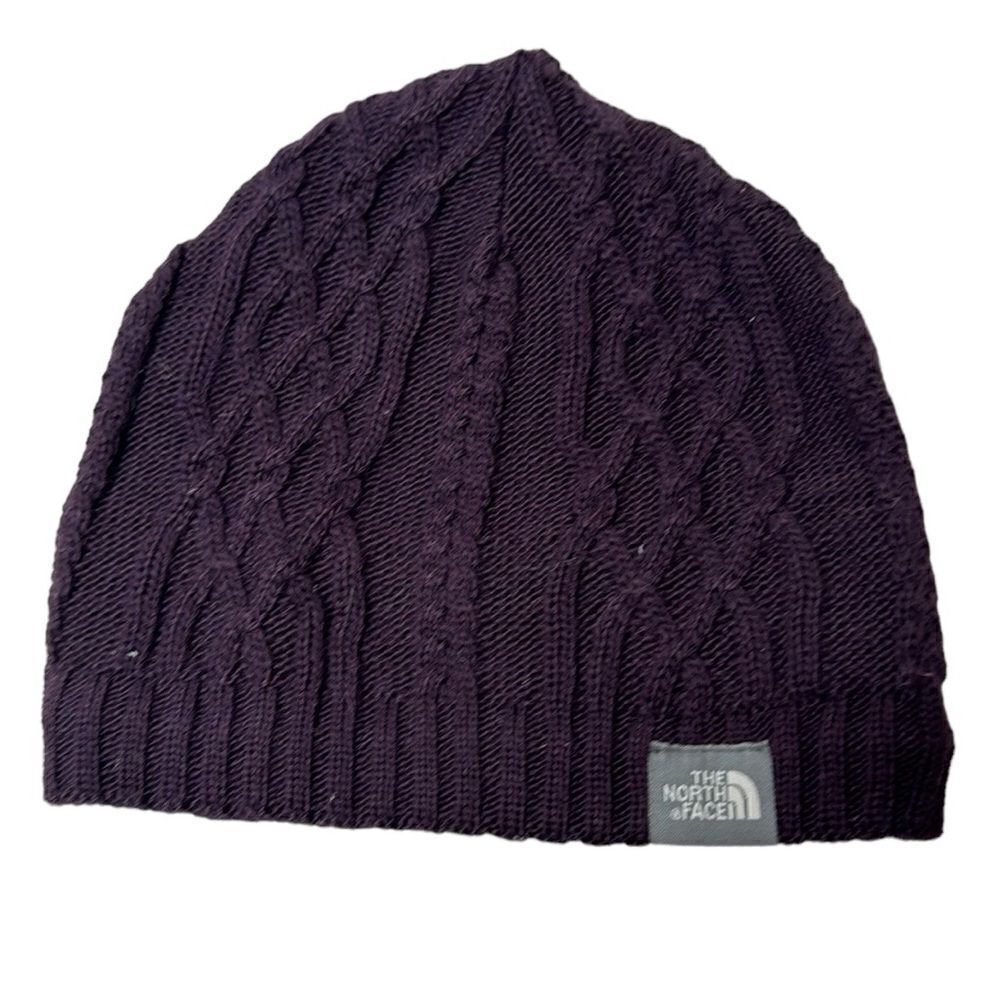The North Face Wool Blend Burgundy Cable Knit Beanie Hat.